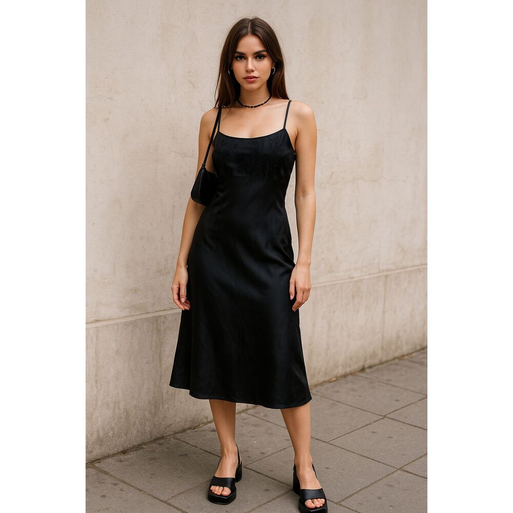 Vintage Black Y2K 90s Beaded Slip Midi Dress Women's Size XS - Picture 1 of 8